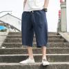 WENKOMG1 Cotton Linen Shorts for Men,Casual Loose Solid Japanese Trunks Adjustable Waist Calf Length Cropped Trousers,Hippie Style Daily Basic Beachwear Holiday Sports Bottoms(Navy,L) view 2