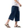 WENKOMG1 Cotton Linen Shorts for Men,Casual Loose Solid Japanese Trunks Adjustable Waist Calf Length Cropped Trousers,Hippie Style Daily Basic Beachwear Holiday Sports Bottoms(Navy,L) view 3