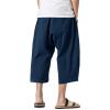 WENKOMG1 Cotton Linen Shorts for Men,Casual Loose Solid Japanese Trunks Adjustable Waist Calf Length Cropped Trousers,Hippie Style Daily Basic Beachwear Holiday Sports Bottoms(Navy,L) view 4