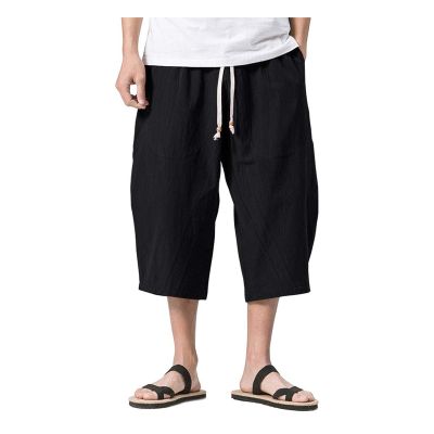 WENKOMG1 Cotton Linen Shorts for Men,Casual Loose Solid Japanese Trunks Adjustable Waist Calf Length Cropped Trousers,Hippie Style Daily Basic Beachwear Holiday Sports Bottoms(Black,XXXXL)