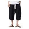 WENKOMG1 Cotton Linen Shorts for Men,Casual Loose Solid Japanese Trunks Adjustable Waist Calf Length Cropped Trousers,Hippie Style Daily Basic Beachwear Holiday Sports Bottoms(Black,XXXXL) view 1