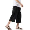 WENKOMG1 Cotton Linen Shorts for Men,Casual Loose Solid Japanese Trunks Adjustable Waist Calf Length Cropped Trousers,Hippie Style Daily Basic Beachwear Holiday Sports Bottoms(Black,XXXXL) view 3