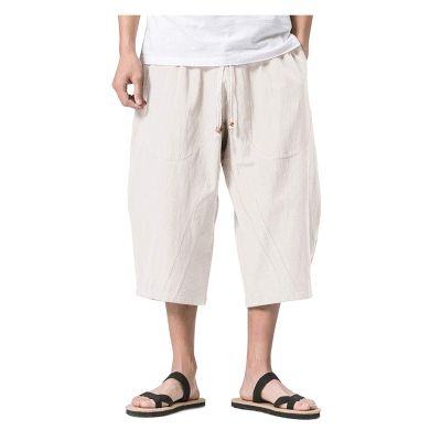WENKOMG1 Cotton Linen Shorts for Men,Casual Loose Solid Japanese Trunks Adjustable Waist Calf Length Cropped Trousers,Hippie Style Daily Basic Beachwear Holiday Sports Bottoms(Beige,XXXL)