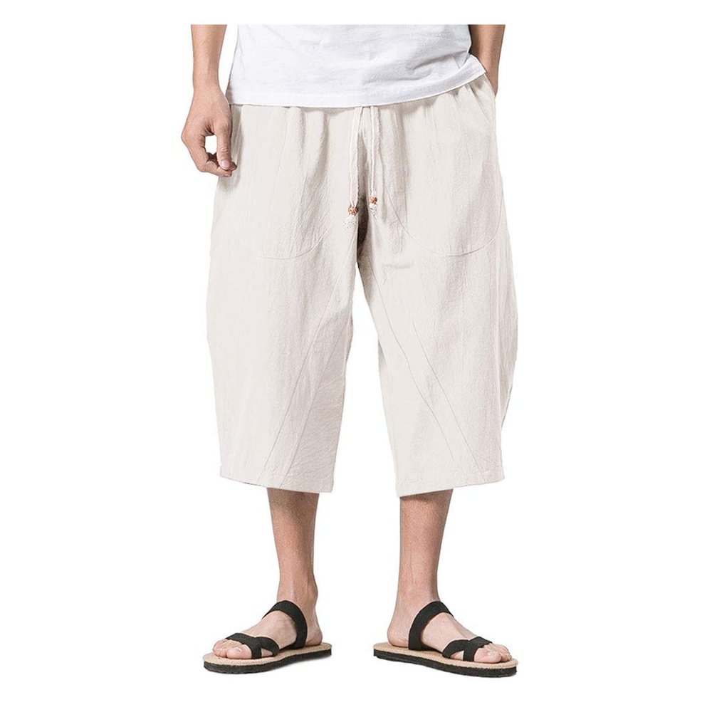 WENKOMG1 Cotton Linen Shorts for Men,Casual Loose Solid Japanese Trunks Adjustable Waist Calf Length Cropped Trousers,Hippie Style Daily Basic Beachwear Holiday Sports Bottoms(Beige,XXXL)