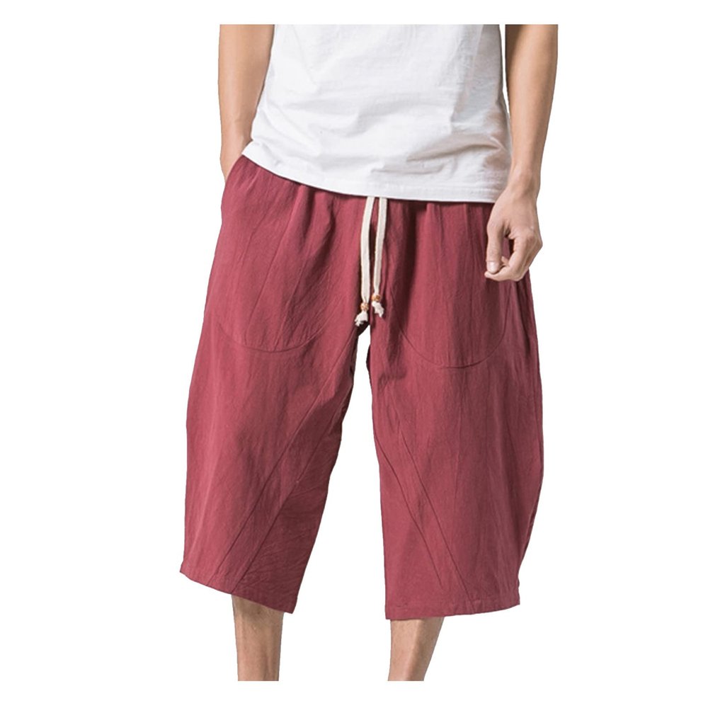 Cotton Linen Shorts for Men,Casual Loose Solid Japanese Trunks Adjustable Waist Calf Length Cropped Trousers,Hippie Style Daily Basic Beachwear Holiday Sports Bottoms(Red,M)