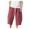 Cotton Linen Shorts for Men,Casual Loose Solid Japanese Trunks Adjustable Waist Calf Length Cropped Trousers,Hippie Style Daily Basic Beachwear Holiday Sports Bottoms(Red,M) view 1