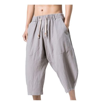 WENKOMG1 Cotton Linen Shorts for Men,Casual Loose Solid Japanese Trunks Adjustable Waist Calf Length Cropped Trousers,Hippie Style Daily Basic Beachwear Holiday Sports Bottoms(Gray,5XL)
