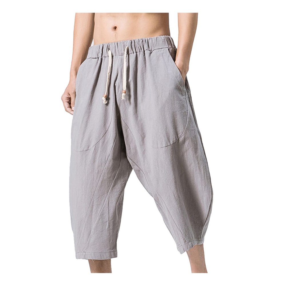 WENKOMG1 Cotton Linen Shorts for Men,Casual Loose Solid Japanese Trunks Adjustable Waist Calf Length Cropped Trousers,Hippie Style Daily Basic Beachwear Holiday Sports Bottoms(Gray,5XL)