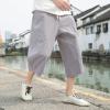 WENKOMG1 Cotton Linen Shorts for Men,Casual Loose Solid Japanese Trunks Adjustable Waist Calf Length Cropped Trousers,Hippie Style Daily Basic Beachwear Holiday Sports Bottoms(Gray,5XL) view 2