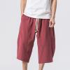 Cotton Linen Shorts for Men,Casual Loose Solid Japanese Trunks Adjustable Waist Calf Length Cropped Trousers,Hippie Style Daily Basic Beachwear Holiday Sports Bottoms(Red,XXL) view 3