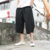 WENKOMG1 Cotton Linen Shorts for Men,Casual Loose Solid Japanese Trunks Adjustable Waist Calf Length Cropped Trousers,Hippie Style Daily Basic Beachwear Holiday Sports Bottoms(Black,M) view 2