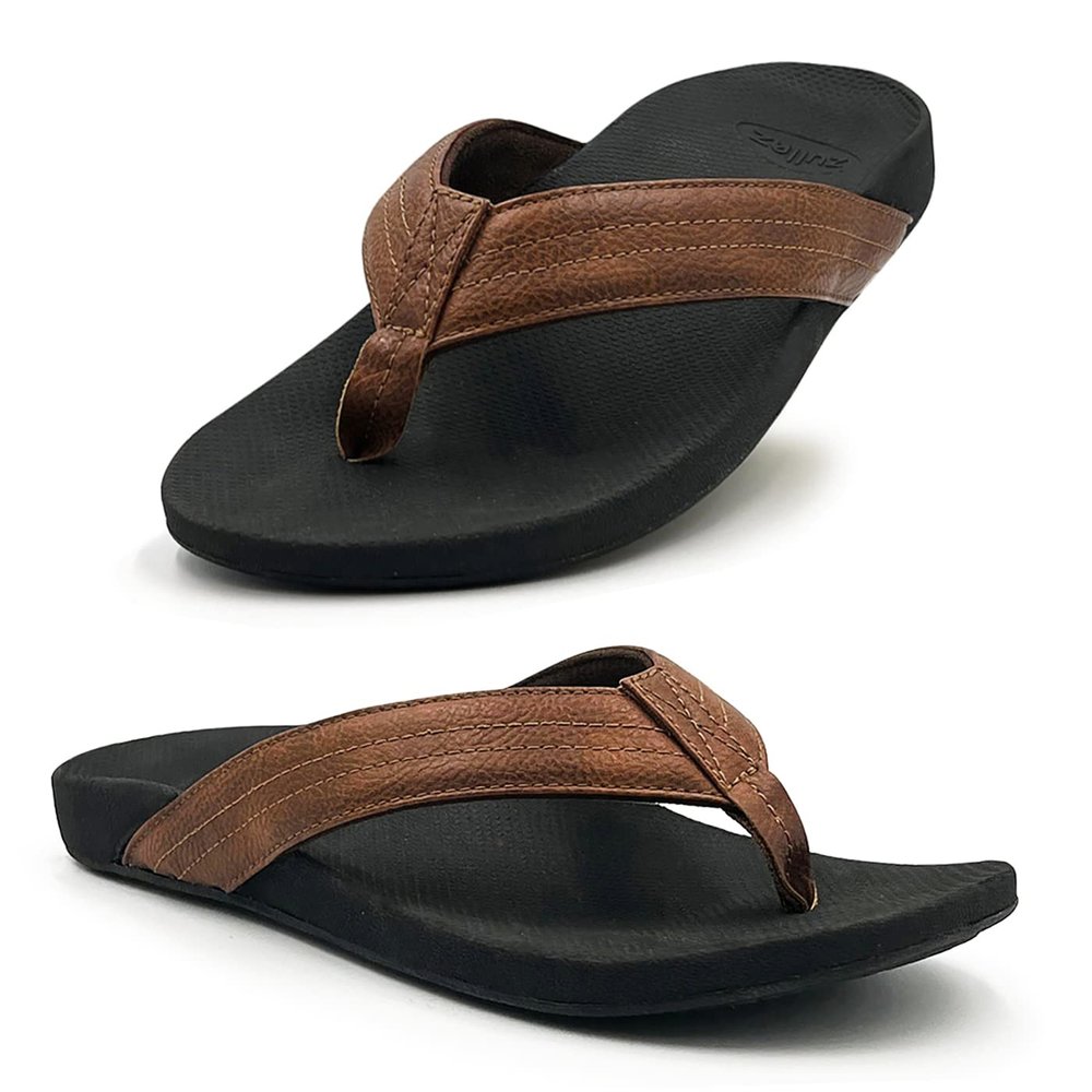 Zullaz - Kirra Orthotic Flip Flops for Men, Stylish & Comfortable Orthopedic Sandals with Biomechanical Arch Support Faux Leather Strap