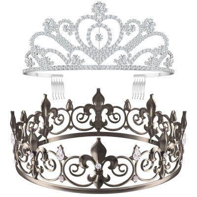 MTLEE 2 Pcs King and Queen Crowns for Men Women Metal Crystal Royal Tiara Crown for Homecoming Princess Bridegroom Bride Wedding Halloween(Gray and Silver, Glitter Style)