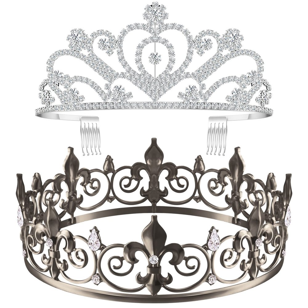 MTLEE 2 Pcs King and Queen Crowns for Men Women Metal Crystal Royal Tiara Crown for Homecoming Princess Bridegroom Bride Wedding Halloween(Gray and Silver, Glitter Style)