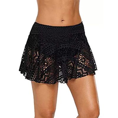 Womens Lace Crochet Skirted Bikini Coverup Net Hollow Out Beach Pants Sexy Swimsuit Flowy Cover Up Shorts Black