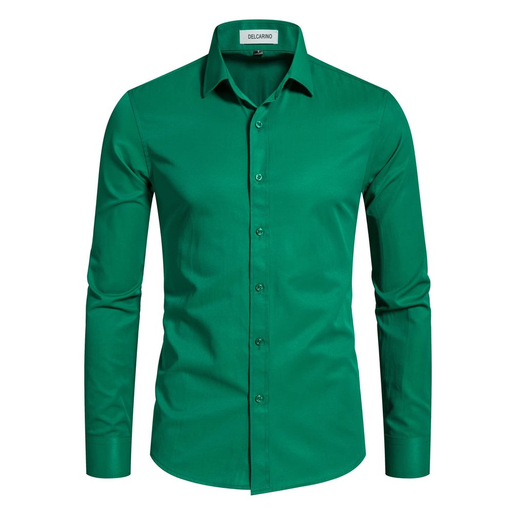 DELCARINO Men's Long Sleeve Button Up Shirts Solid Slim Fit Casual Business Formal Dress Shirt Green Large