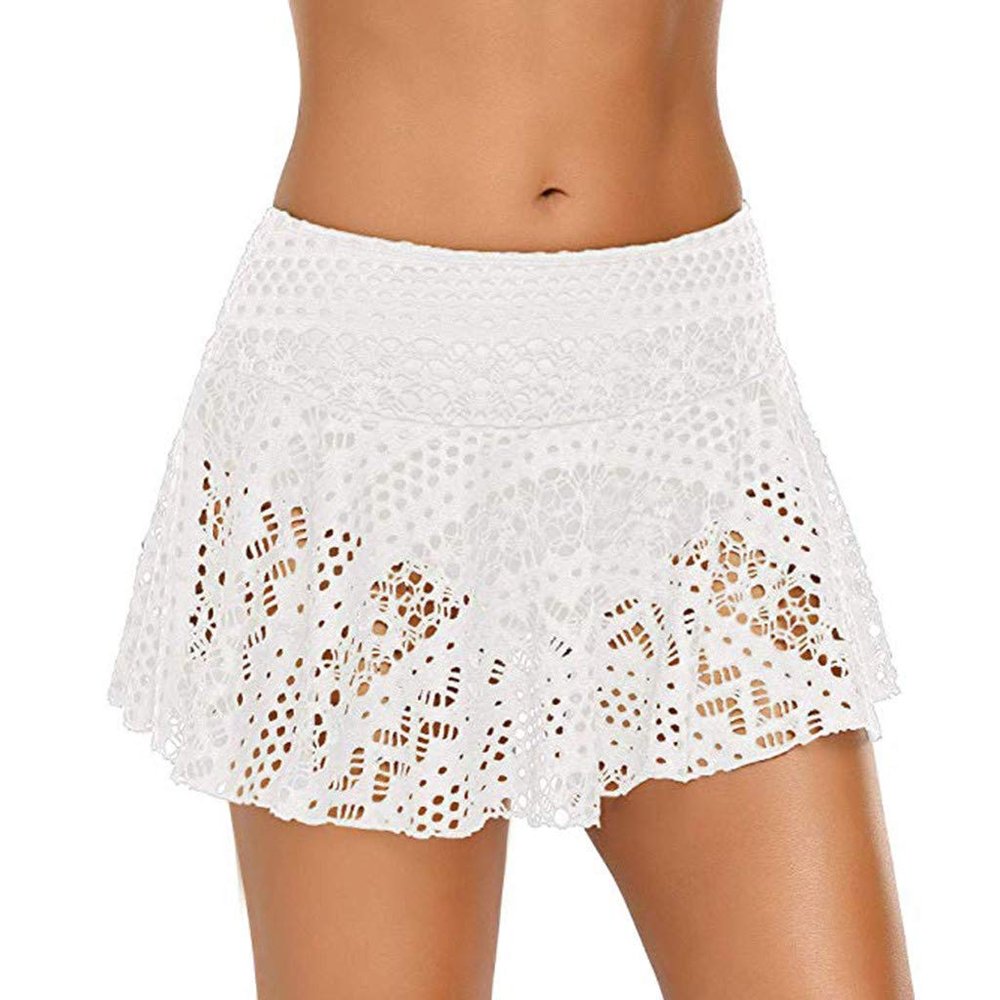 Womens Lace Crochet Skirted Bikini Coverup Net Hollow Out Beach Pants Sexy Swimsuit Flowy Cover Up Shorts White