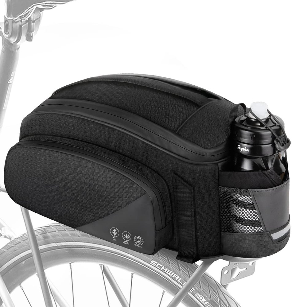 WOTOW Rear Rack Bag, 12L Waterproof Reflective Bicycle Trunk Bag, Cycling Rear Seat Carrier Backseat Storage Luggage with Water Bottle Holder, Shoulder Strap for MTB Bike E-Bike