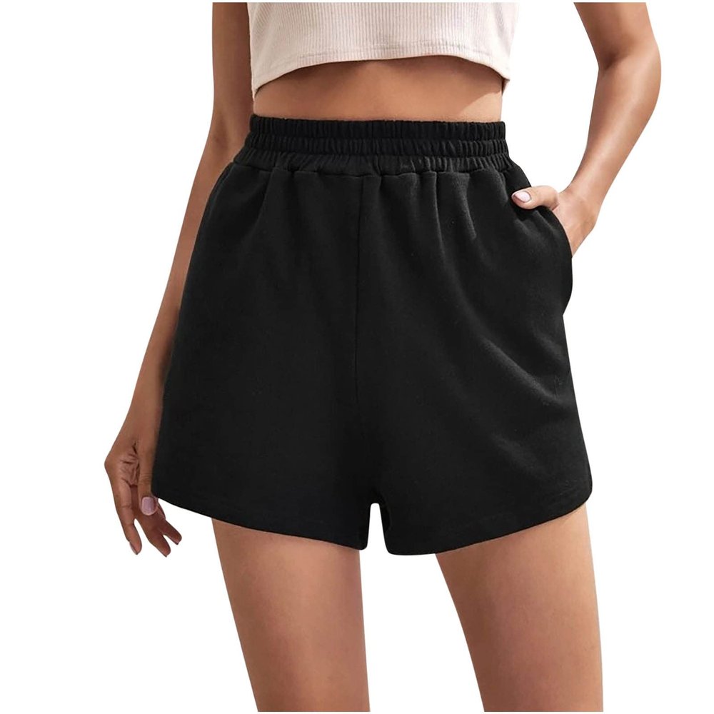 Womens 5" Terry Shorts Loose Comfy Yoga Sweat Cotton Shorts Athletic Fit High Waist Pockets Running Lounge Short Pant Black