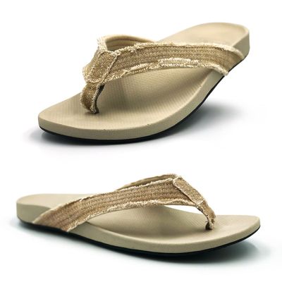 Zullaz - Beach Orthotic Flip Flops for Men, Stylish & Comfortable Orthopedic Sandals with Biomechanical Arch Support - Durable Canvas Stap Bone Colored Rubber Sole