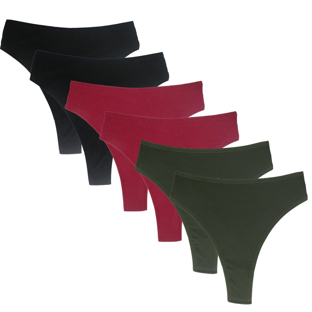 Amwounu High Waisted Cotton Thongs For Women Comfortable Breathable Athletics Underwear High Rise Panties Plus Size Red Green Black Pack of 6