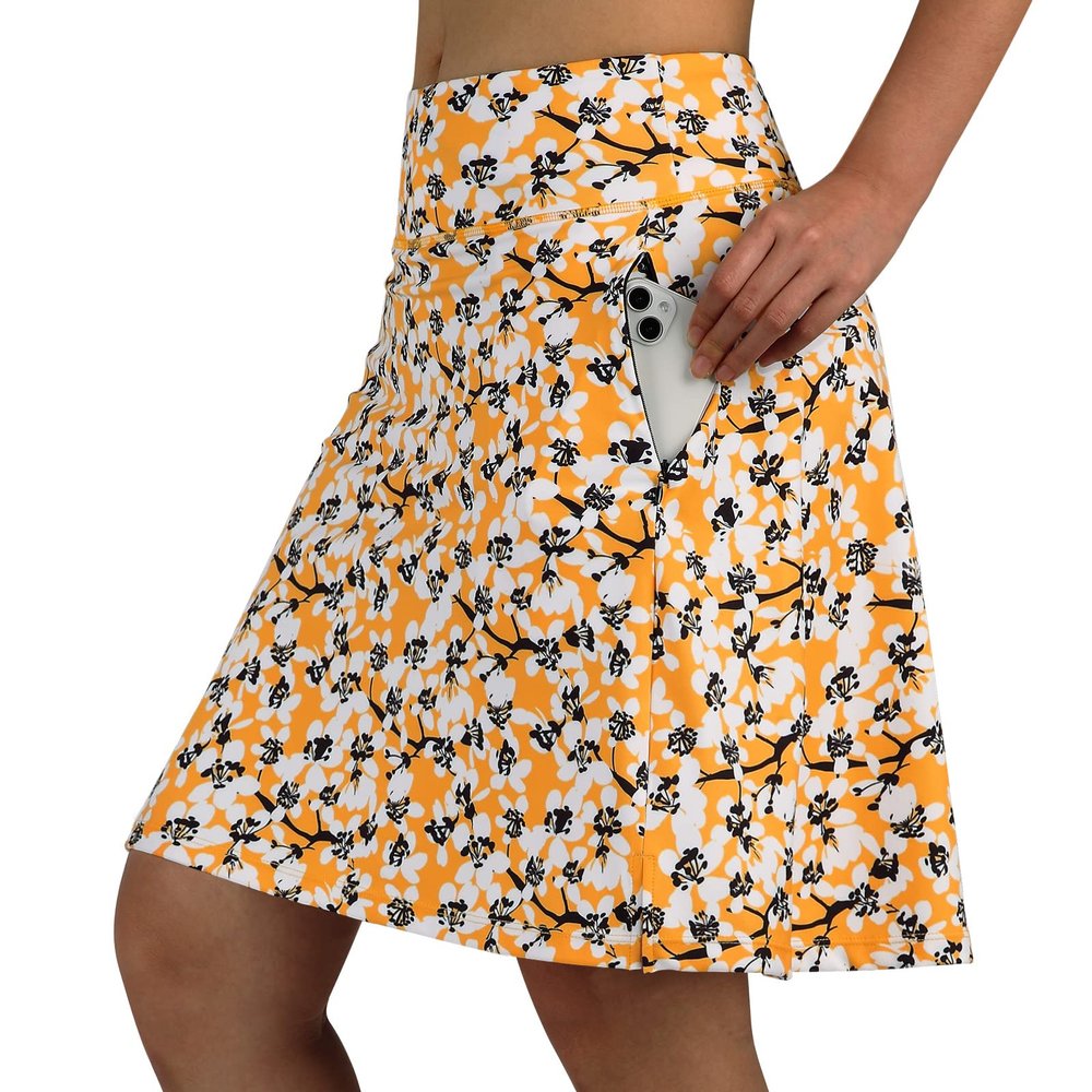 ANIVIVO Women's Skorts Skirts 20" Knee Length,Long Tennis Golf Sports Casual Skirts with High Waisted Zipper Pockets(Yellow Floral,M)