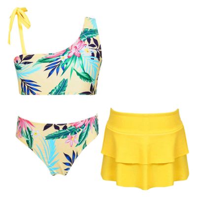 Manyakai Kids Girls 3 Piece Bikini Bathing Suit Floral Printed Hawaiian Tankini Set Beach Sports Swimsuit Yellow 4 Years