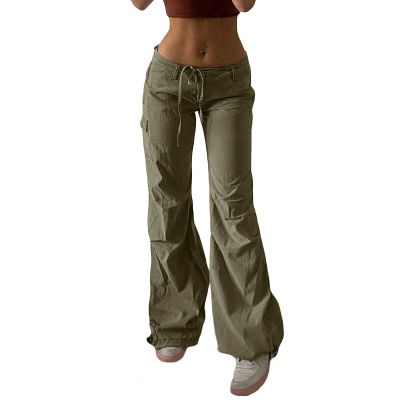 Women's Low Waist Cargo Casual Solid Color Harajuku Vintage Y2k Low Rise Baggy Jogger Relaxed Cinch Pants Army Green Large