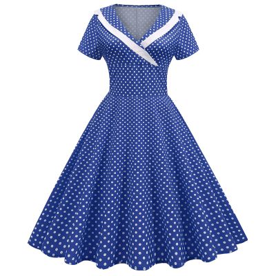 50s Dresses for Women 1950s Notch Lapel Collar Vintage Dress Short Sleeve A-Line Swing Dresses Audrey Hepburn Dress 40s 50s Polka Dot Rockabilly Party Midi Dress Blue Medium