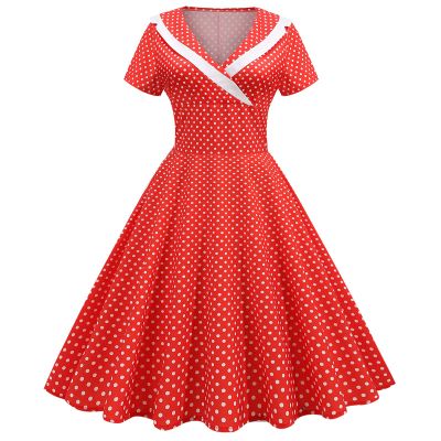 50s Polka Dot Dress Short Sleeves Rockabilly Vintage Dress 1950s Lapel Collar Pinup Dress 1960 Tea Party Swing Dresses Audrey Hepburn Style Casual Office Dress 1950s Housewife Dresses Red Small