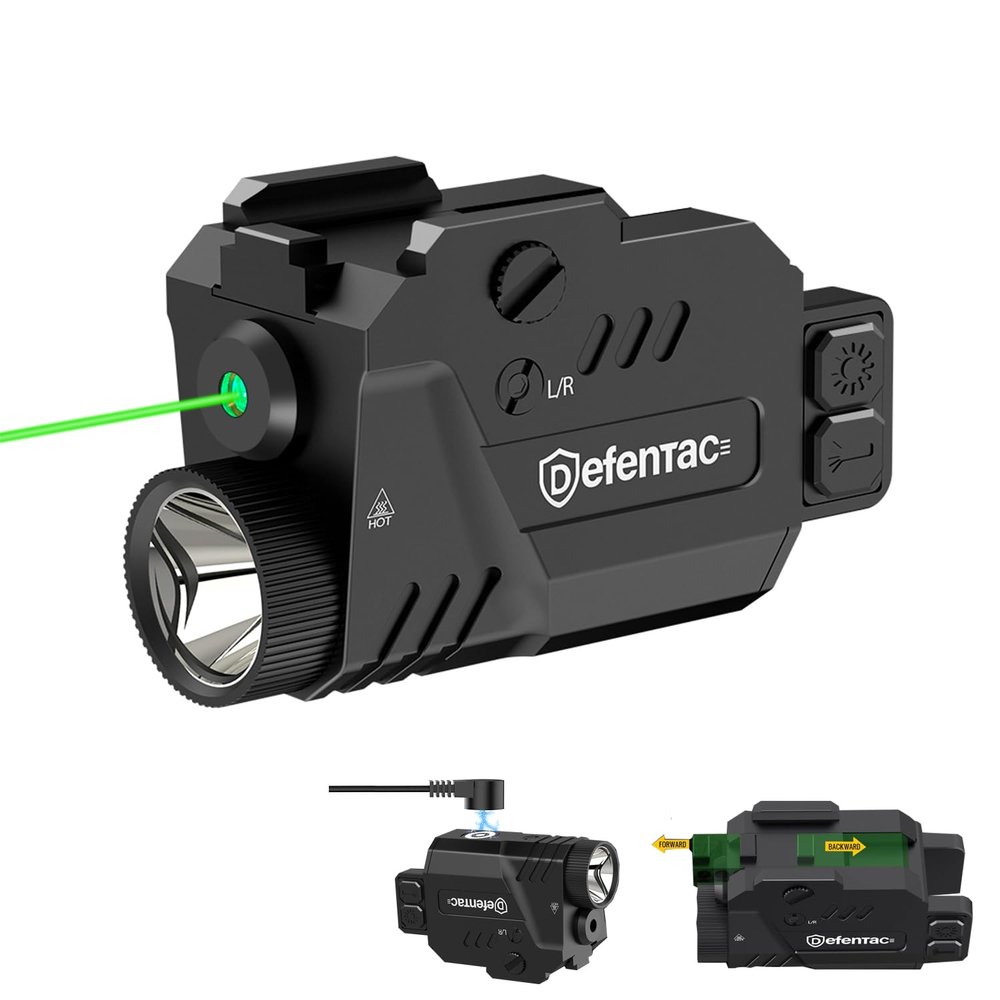 DEFENTAC Pistol Laser Light Combo 800 Lumens, Strobe Tactical Flashlight with Green Beams for Guns W/a Rail, Magnetic Rechargeable