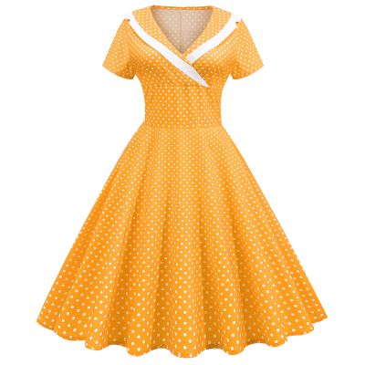 50s Polka Dot Dress Short Sleeves Rockabilly Vintage Dress 1950s Lapel Collar Pinup Dress 1960 Tea Party Swing Dresses Audrey Hepburn Style Casual Office Dress 1950s Housewife Dresses Yellow X-Large