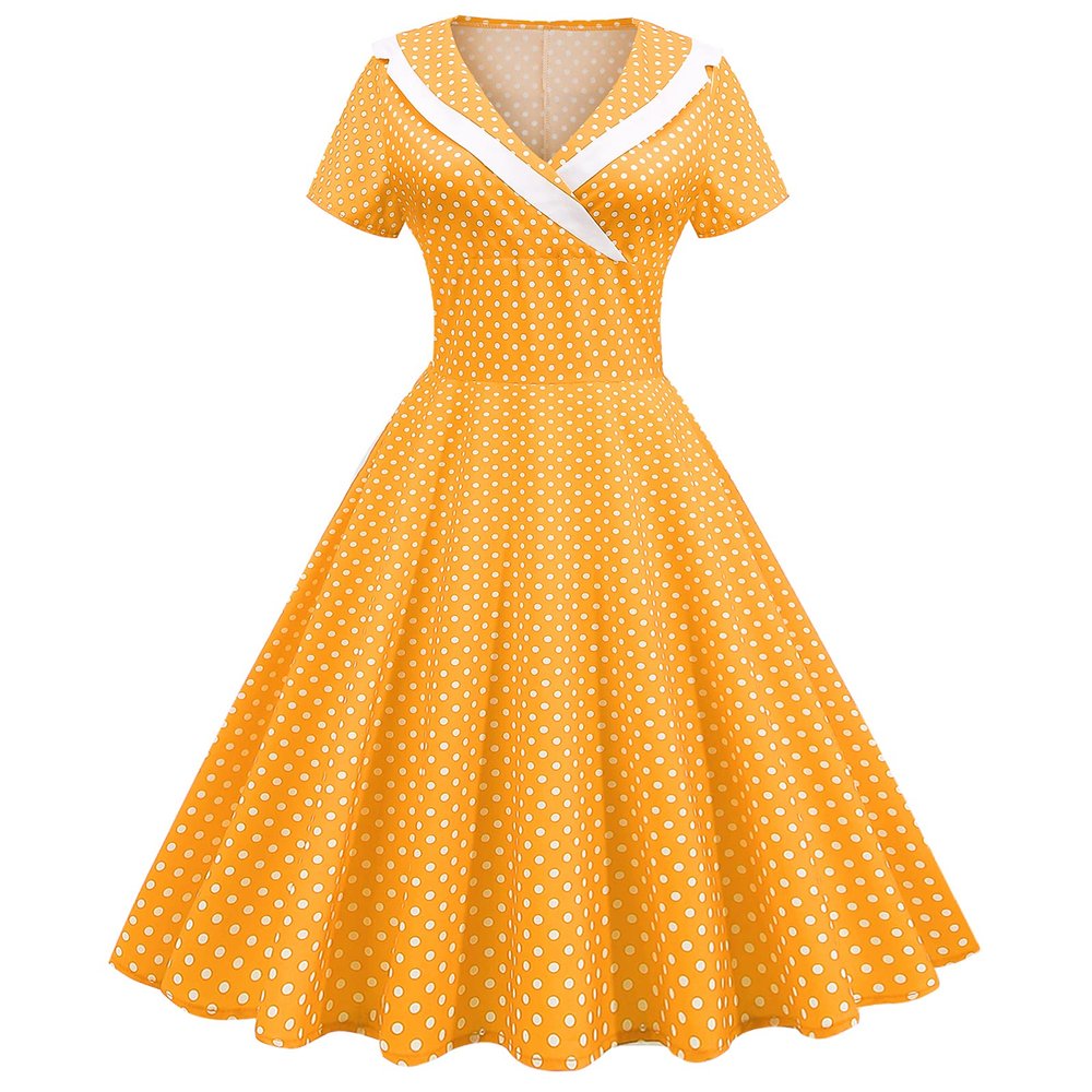 50s Polka Dot Dress Short Sleeves Rockabilly Vintage Dress 1950s Lapel Collar Pinup Dress 1960 Tea Party Swing Dresses Audrey Hepburn Style Casual Office Dress 1950s Housewife Dresses Yellow X-Large