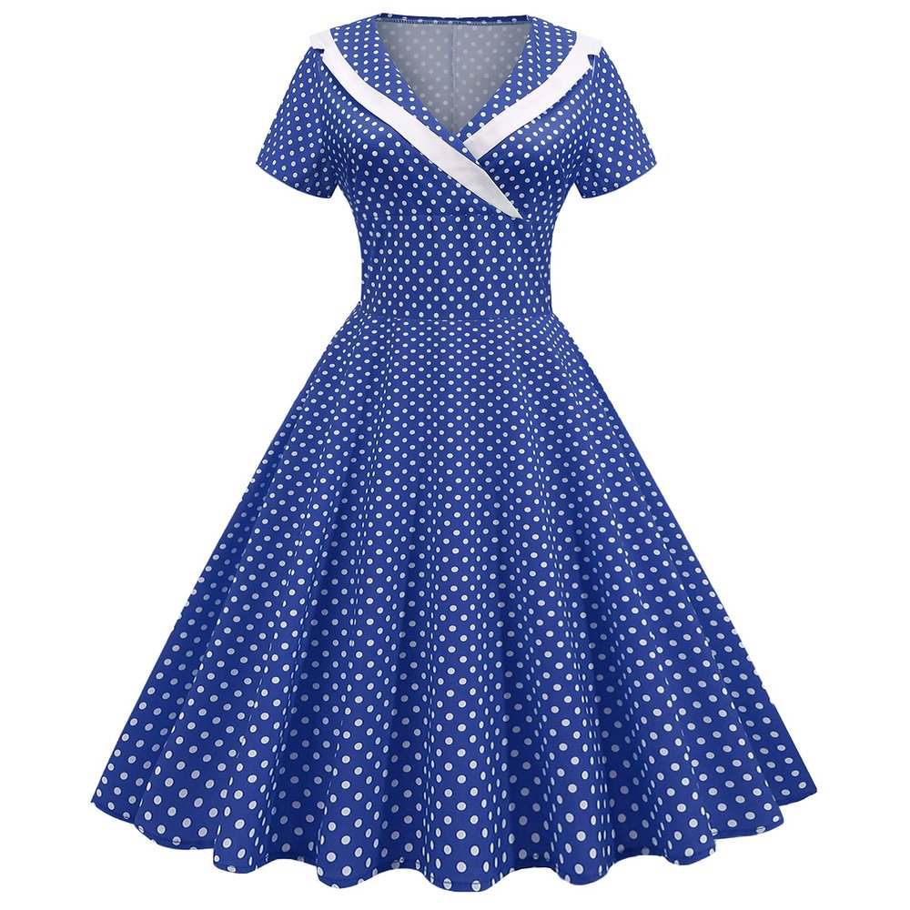 50s Dresses for Women 1950s Notch Lapel Collar Vintage Dress Short Sleeve A-Line Swing Dresses Audrey Hepburn Dress 40s 50s Polka Dot Rockabilly Party Midi Dress Blue X-Large