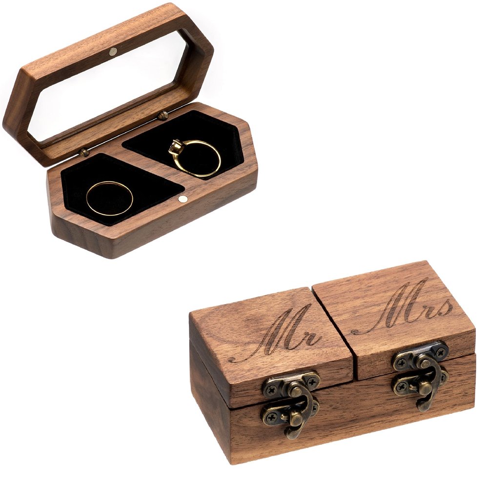 COSISO 2 Pack Wooden Ring Box for Wedding Ceremony (Mr &Mrs Heavy+Hexagon)