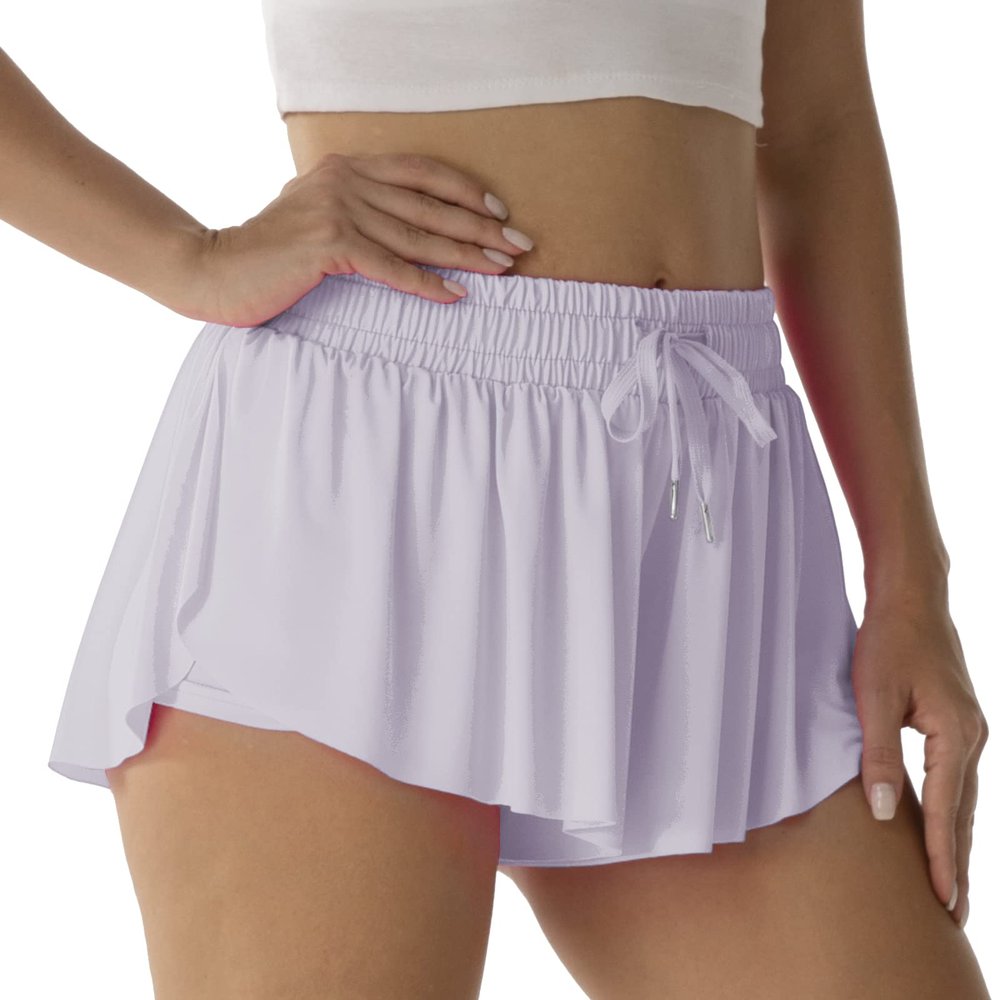 Flowy Athletic Shorts for Women Running Tennis Butterfly Shorts Girls 2-in-1 Double Layer Quick-Drying Comfy Shorts (Medium, Pale Purple)