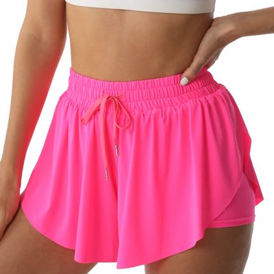 Flowy Athletic Shorts for Women Running Tennis Butterfly Shorts Girls 2-in-1 Double Layer Quick-Drying Comfy Shorts (Medium, Hot-Pink)