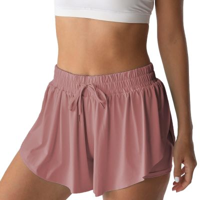 Flowy Athletic Shorts for Women Running Tennis Butterfly Shorts Girls 2-in-1 Double Layer Quick-Drying Comfy Shorts (Small, Dark Pink)