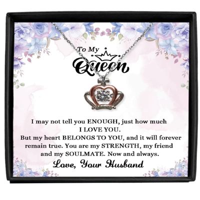 Crown Pendant Necklace Luxury Box Wife Necklace, Anniversary Jewelry Gifts for Wife from Husband, Soulmate Message Card, Crown 925 Sterling Silver Pendant