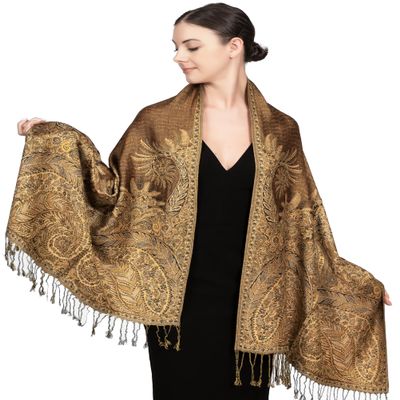 Achillea Soft Silky Reversible Paisley Pashmina Shawl Wrap Scarf w/Fringes (Big Paisley Golden Brown)