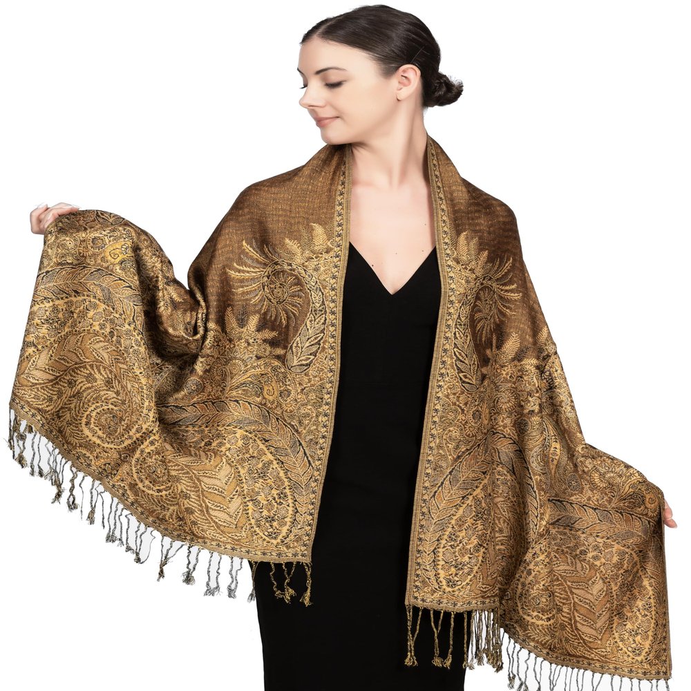 Achillea Soft Silky Reversible Paisley Pashmina Shawl Wrap Scarf w/Fringes (Big Paisley Golden Brown)