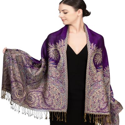 Achillea Soft Silky Reversible Paisley Pashmina Shawl Wrap Scarf w/Fringes (Big Paisley Purple)
