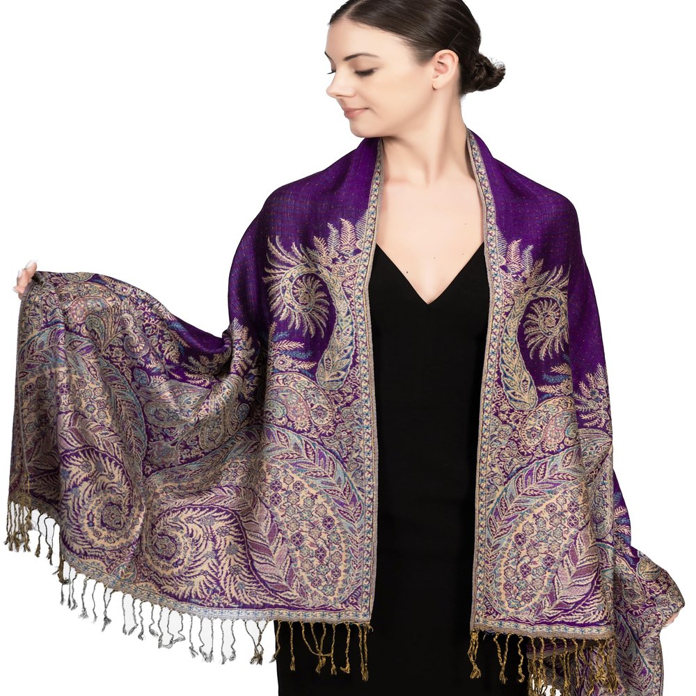 Achillea Soft Silky Reversible Paisley Pashmina Shawl Wrap Scarf w/Fringes (Big Paisley Purple)