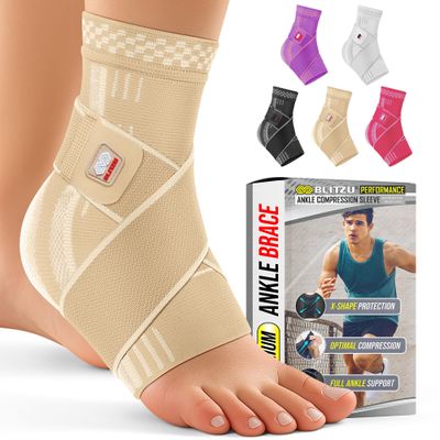 BLITZU Ankle Brace for Women, Men, Plantar Fasciitis Relief, Achilles Tendonitis Brace for Sprained Foot, Ankle Compression Sleeve with Strap Nude S