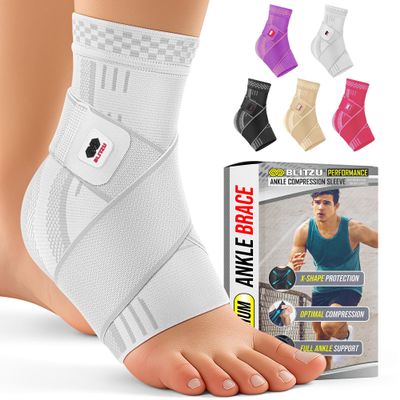 BLITZU Ankle Brace for Women, Men, Plantar Fasciitis Relief, Achilles Tendonitis Brace for Sprained Foot, Ankle Compression Sleeve with Strap White M