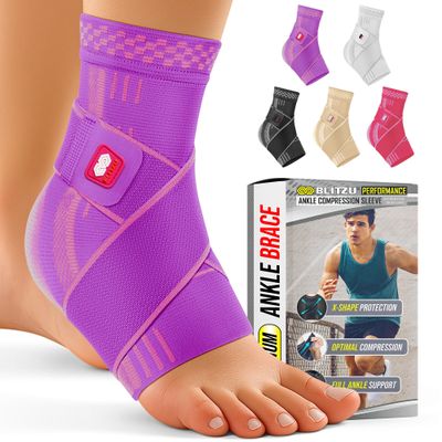 BLITZU Ankle Brace for Women, Men, Plantar Fasciitis Relief, Achilles Tendonitis Brace for Sprained Foot, Ankle Compression Sleeve with Strap Purple L