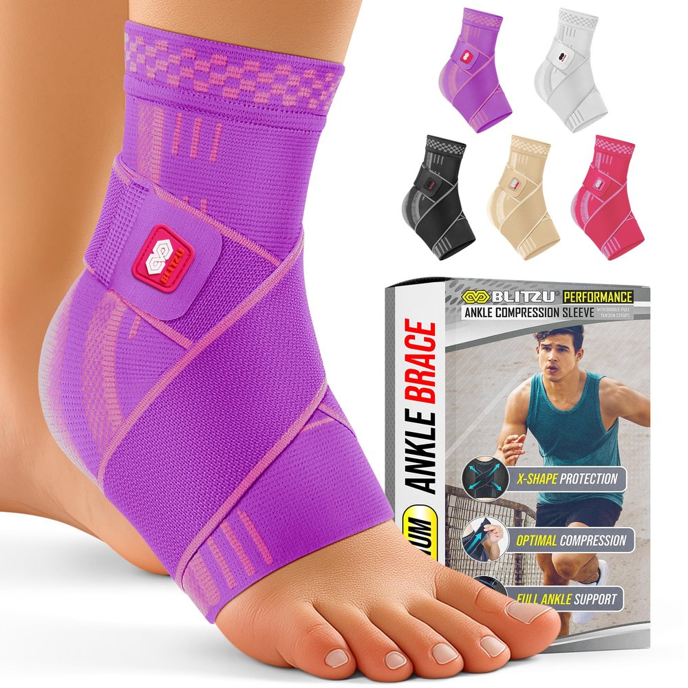 BLITZU Ankle Brace for Women, Men, Plantar Fasciitis Relief, Achilles Tendonitis Brace for Sprained Foot, Ankle Compression Sleeve with Strap Purple L