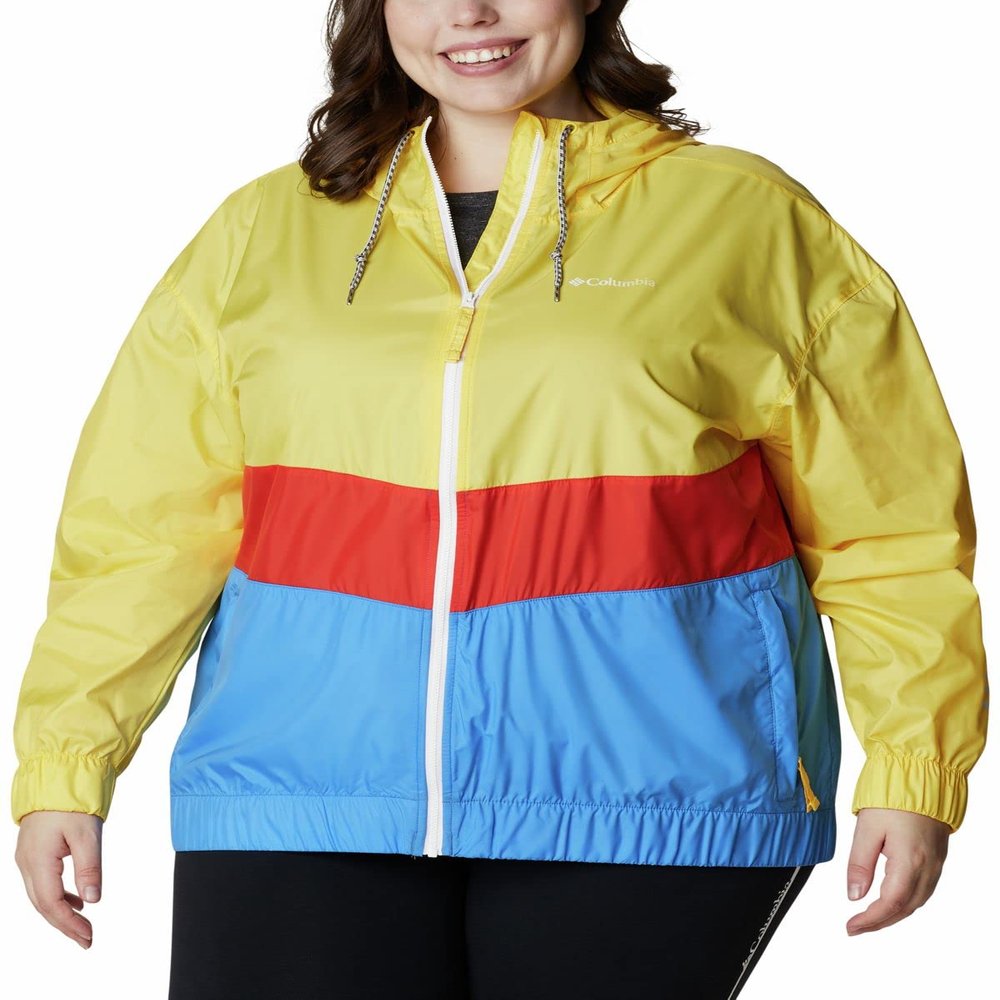 Columbia Women's Plus Size Sandy Sail Windbreaker Jacket (Sunglow/Bold Orange/Harbor Blue, 2X)