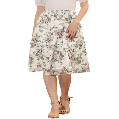Allegra K Women's Floral Skirts Spring Smocked Elastic Waist A-Line Below Knee Length Ruffle Tiered Skirt X-Large White Purple