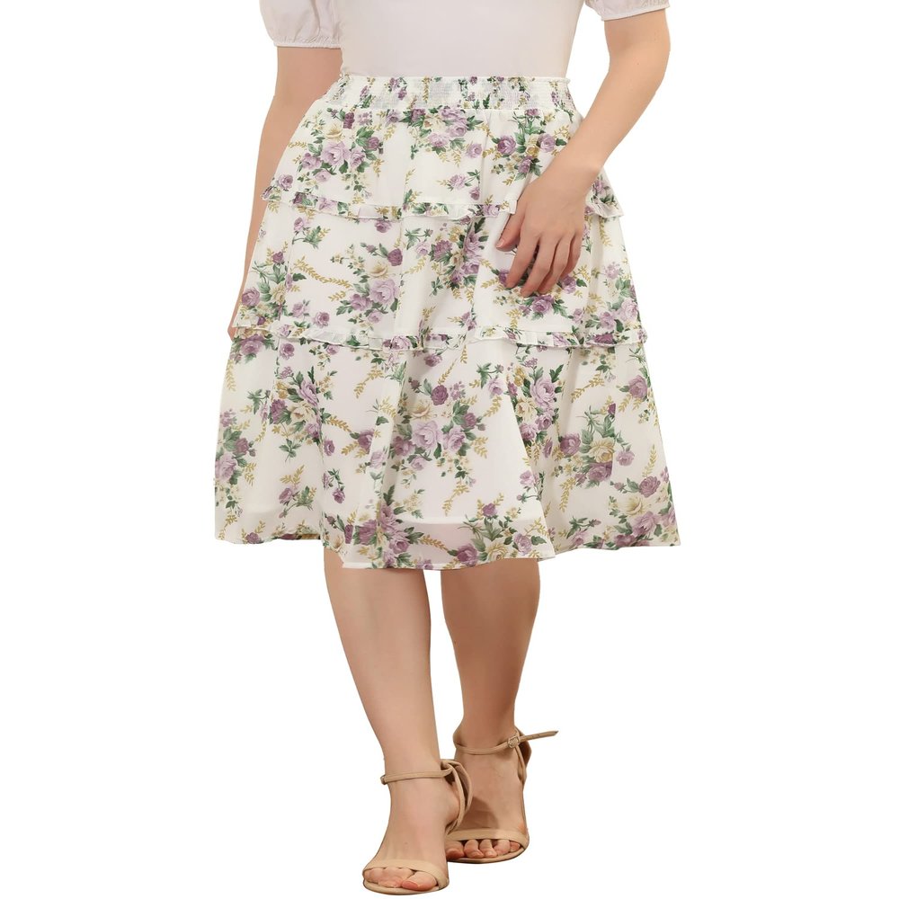 Allegra K Women's Floral Skirts Spring Smocked Elastic Waist A-Line Below Knee Length Ruffle Tiered Skirt X-Large White Purple